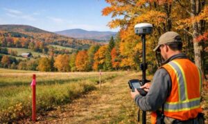 Boundary survey process - ALTA SURVEY Vermont Licensed land surveyor using GNSS GPS equipment to perform a boundary survey on a wooded property during autumn