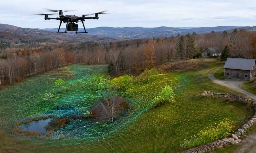 A drone LiDAR survey capturing terrain, trees, drainage, and stone walls across a rural Vermont property