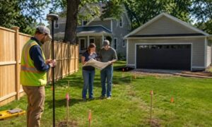 Residential land survey before construction - ALTA SURVEY Vermont A land surveyor conducting a land survey on a residential property before construction begins