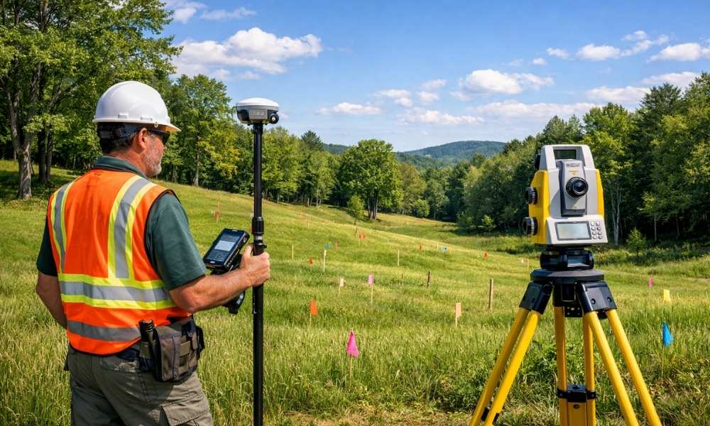 Licensed land surveyor performing a topographic survey on a rural property to collect elevation data before septic system design