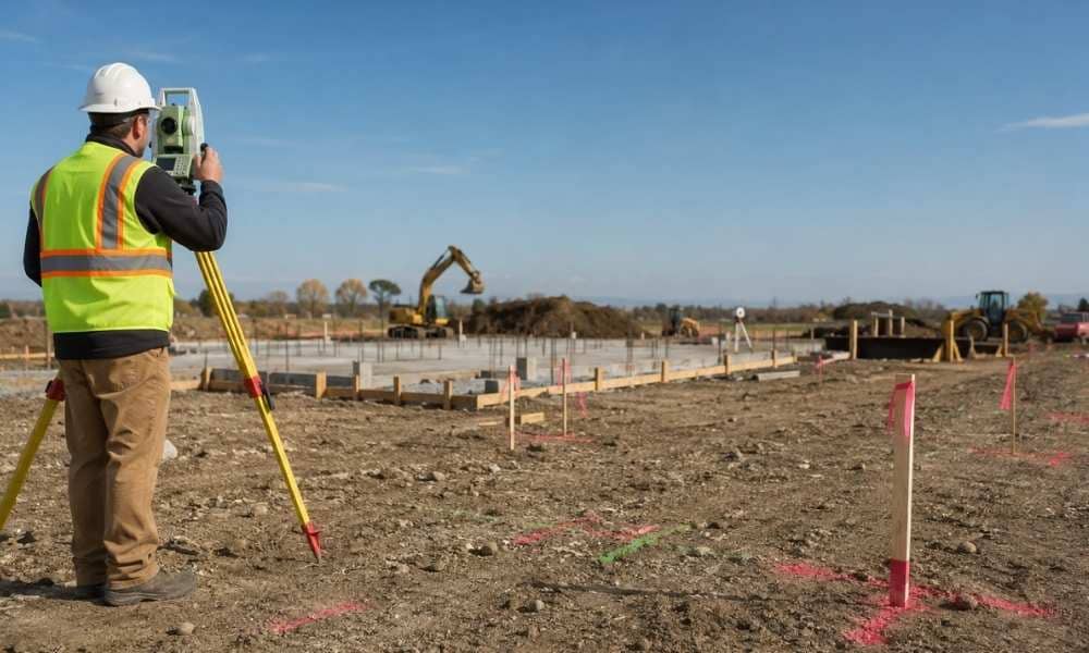 Surveyor using a total station to complete a construction survey on an active Vermont construction site