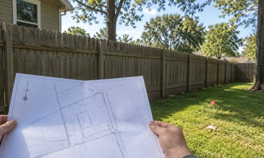 Boundary survey held beside a residential fence line, showing how a fence may differ from the surveyed property boundary