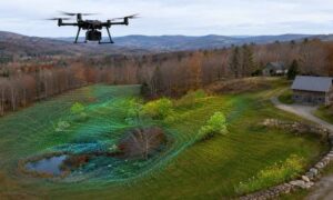 A drone LiDAR survey capturing terrain, trees, drainage, and stone walls across a rural Vermont property