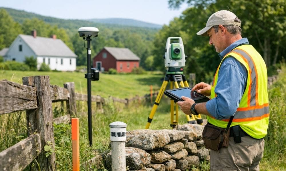 Licensed land surveyor inspecting a residential property line using GPS equipment near a fence, stone wall, and boundary marker