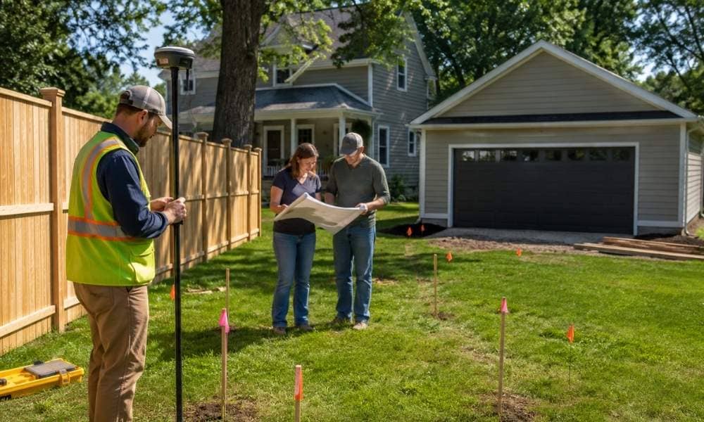 A land surveyor conducting a land survey on a residential property before construction begins