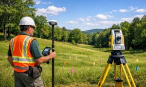 Licensed land surveyor performing a topographic survey on a rural property to collect elevation data before septic system design
